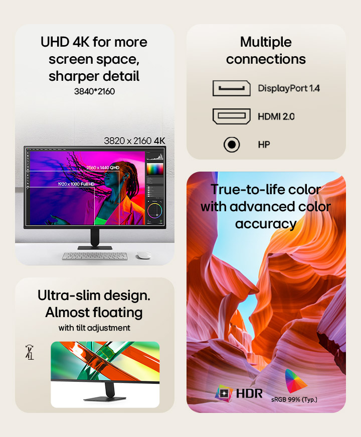 LG UHD 4K monitor feature highlights present a display resolution of 3840x2160, multiple connection options, and adjustable height and tilt settings.