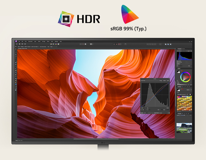 LG UHD 4K monitor feature highlights include HDR support and 99% sRGB color accuracy, showcasing vibrant colors for enhanced visual quality.