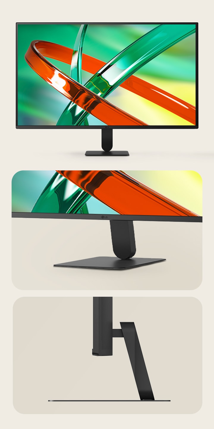 LG monitor feature highlights display the monitor from front and side views, illustrating adjustable height and a minimalistic design suited for modern workspaces.