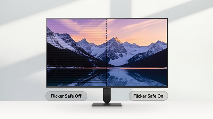 LG UltraFine monitor displaying a split-screen comparison of a mountain landscape, with the left side showing screen flicker and the right side showing a clear, flicker-free image