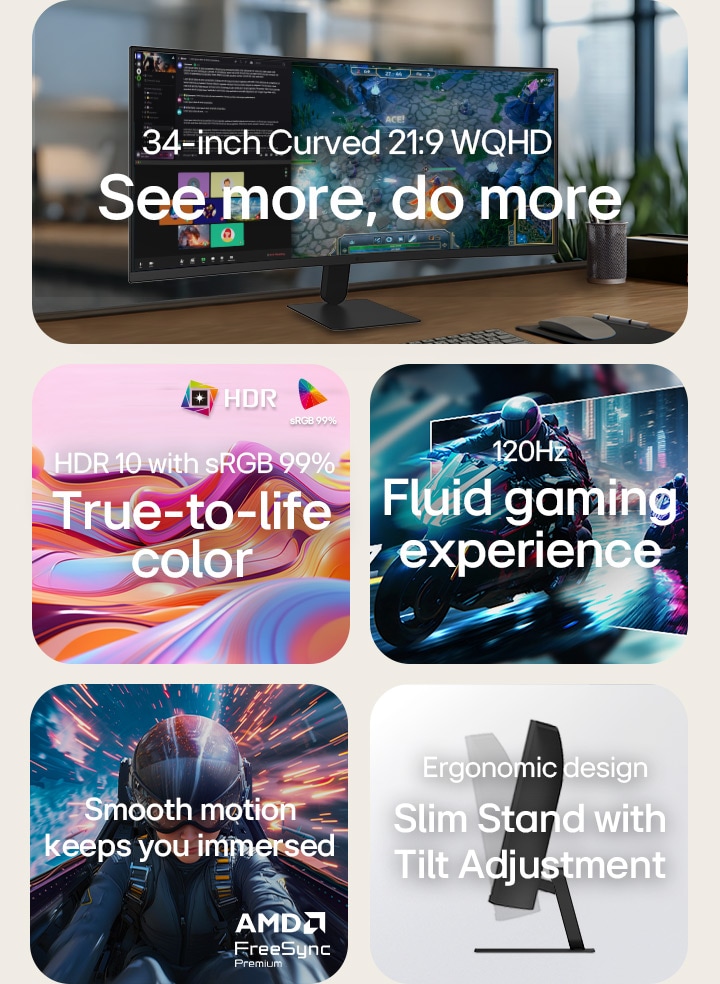 LG UltraWide Curved Monitor feature overview showing a 34-inch WQHD curved display, HDR10 with sRGB 99% color accuracy, smooth 120Hz refresh rate, AMD FreeSync support, and a slender stand with tilt adjustment for immersive gaming and efficient multitasking.