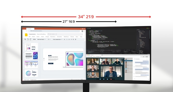 LG UltraWide Monitor displaying multiple applications across a 34-inch 21:9 screen, with a highlighted comparison showing the additional horizontal space over a standard 27-inch 16:9 display.
