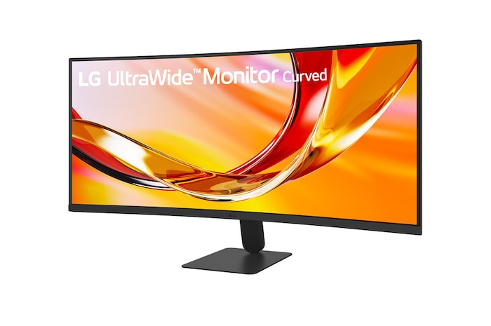 Angled front view of LG UltraWide Curved monitor showcasing 3-side virtually borderless design and wide screen.