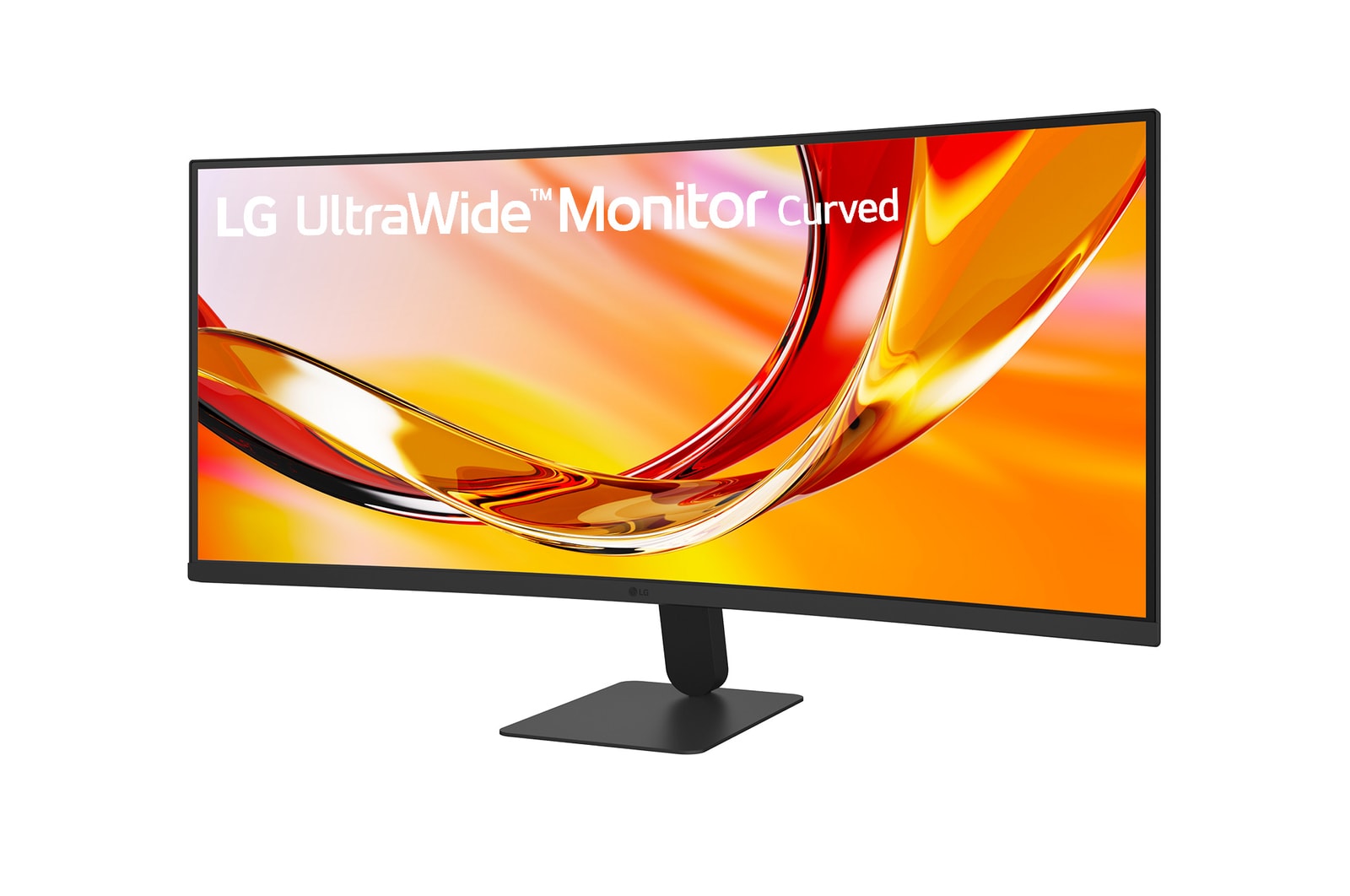 Angled front view of LG UltraWide Curved monitor showcasing 3-side virtually borderless design and wide screen.