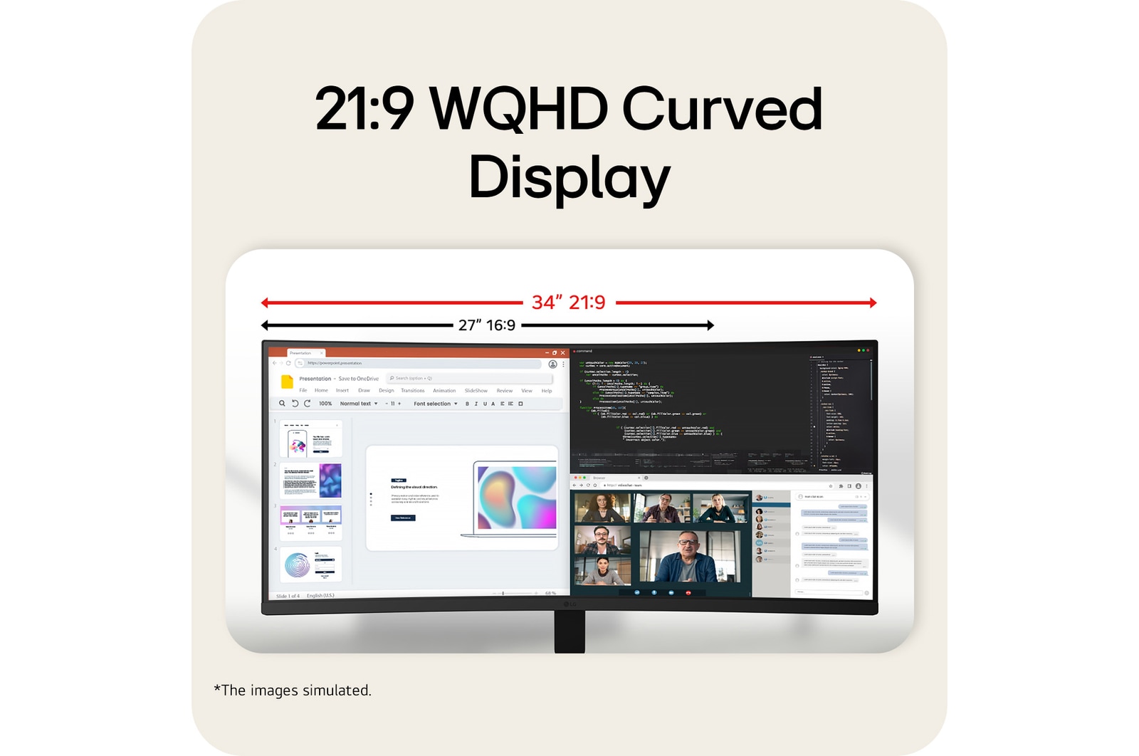 LG 34-inch 21:9 WQHD Curved display compared with 27-inch 16:9 screen, illustrating expanded horizontal workspace.