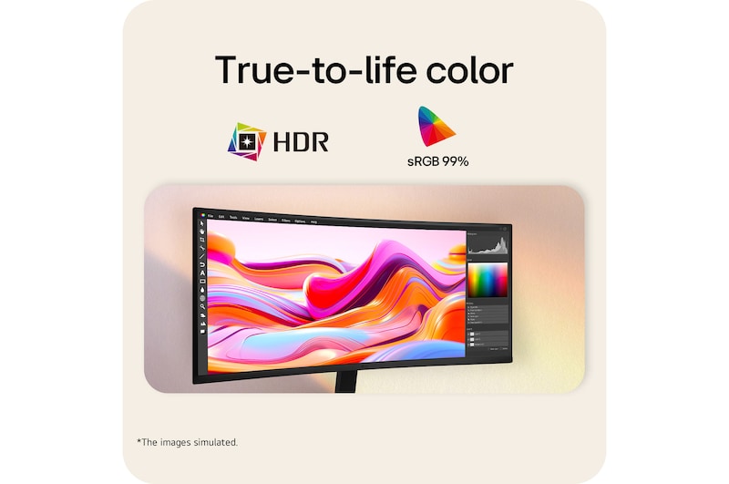 LG UltraWide Curved monitor displaying vibrant image with HDR support and sRGB 99% color coverage.