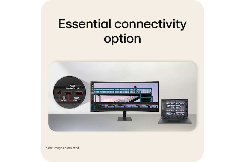 LG UltraWide Curved monitor connected to laptop with DisplayPort and HDMI ports highlighted.