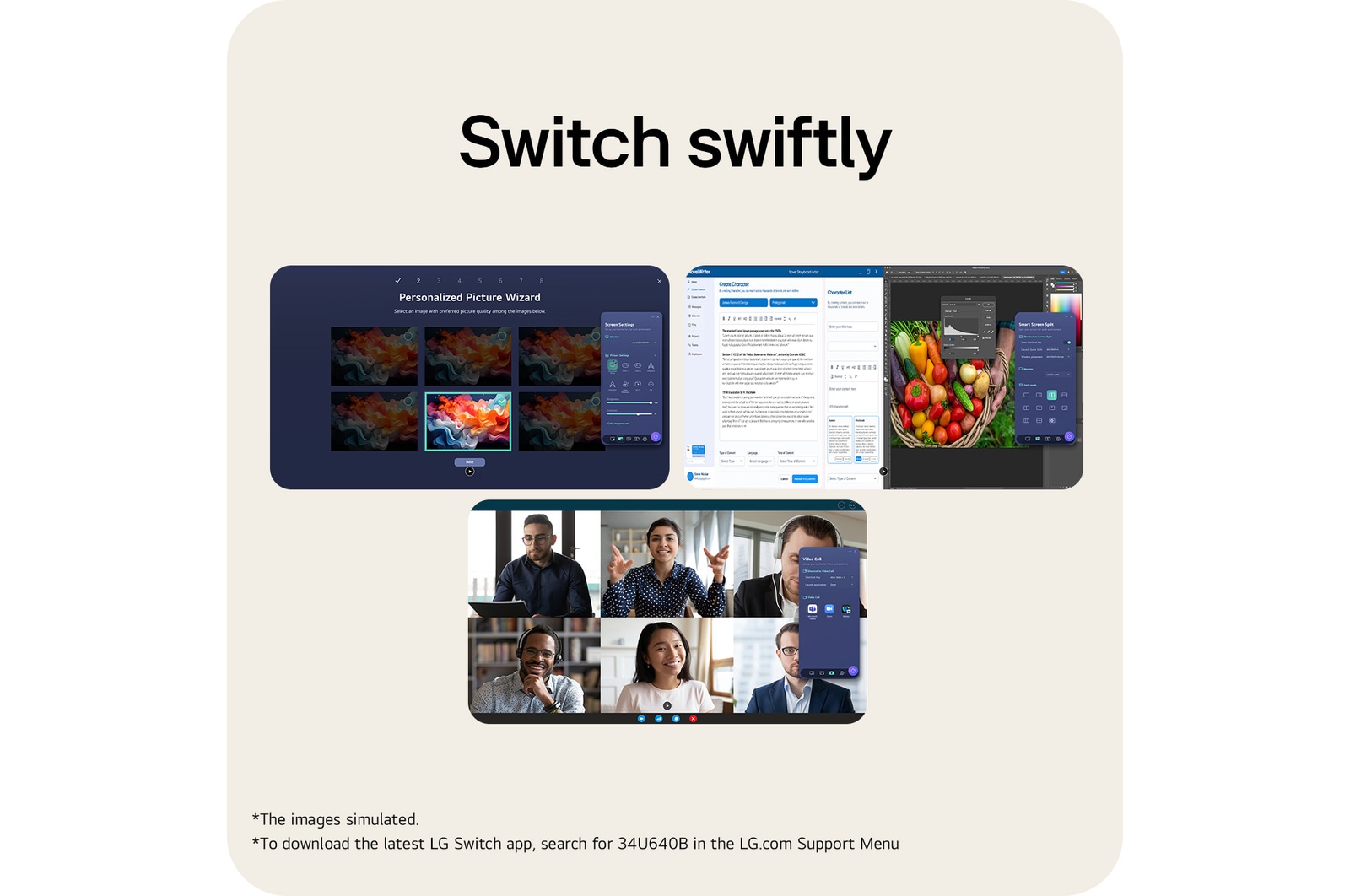 LG UltraWide Curved monitor showing LG Switch app interface for screen layout control and picture mode adjustment.