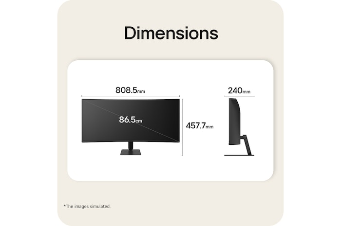 LG UltraWide Curved monitor front and side view with product dimensions displayed in millimeters.