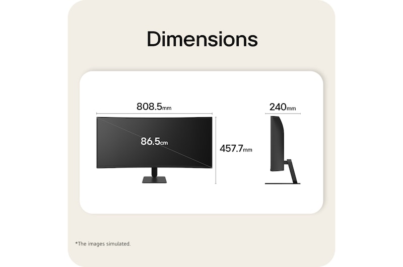 LG UltraWide Curved monitor front and side view with product dimensions displayed in millimeters.