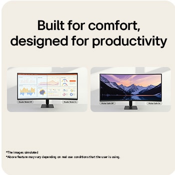 LG UltraWide Curved monitor demonstrating Reader Mode and Flicker Safe features for reduced eye strain.