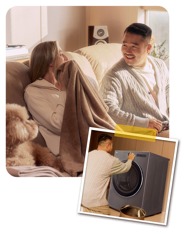 Couple enjoying the cozy warmth of a blanket dried with an LG dryer