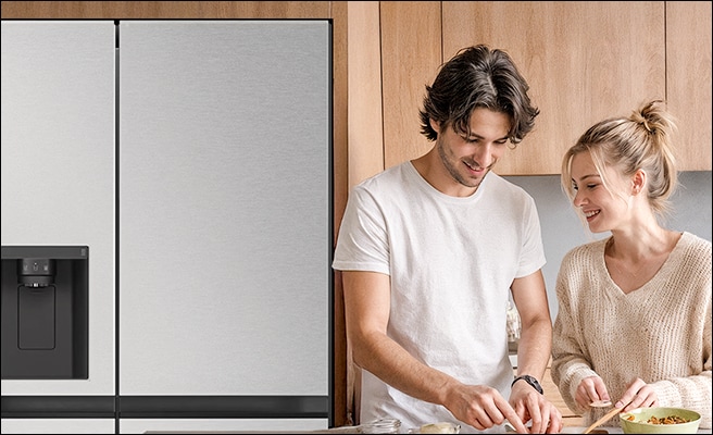 Two images of the inside of a refrigerator filled with ingredients and a couple cooking in the kitchen