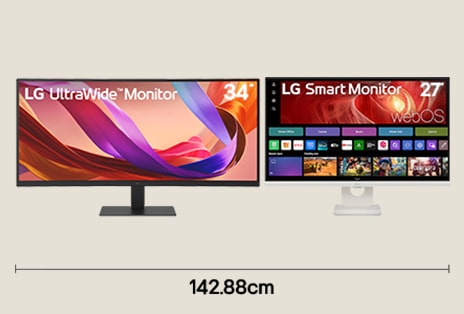 Dual monitor setup with 34 inch ultrawide and 27 inch 4K UHD displays for creative workflow with 142.88 cm desk width