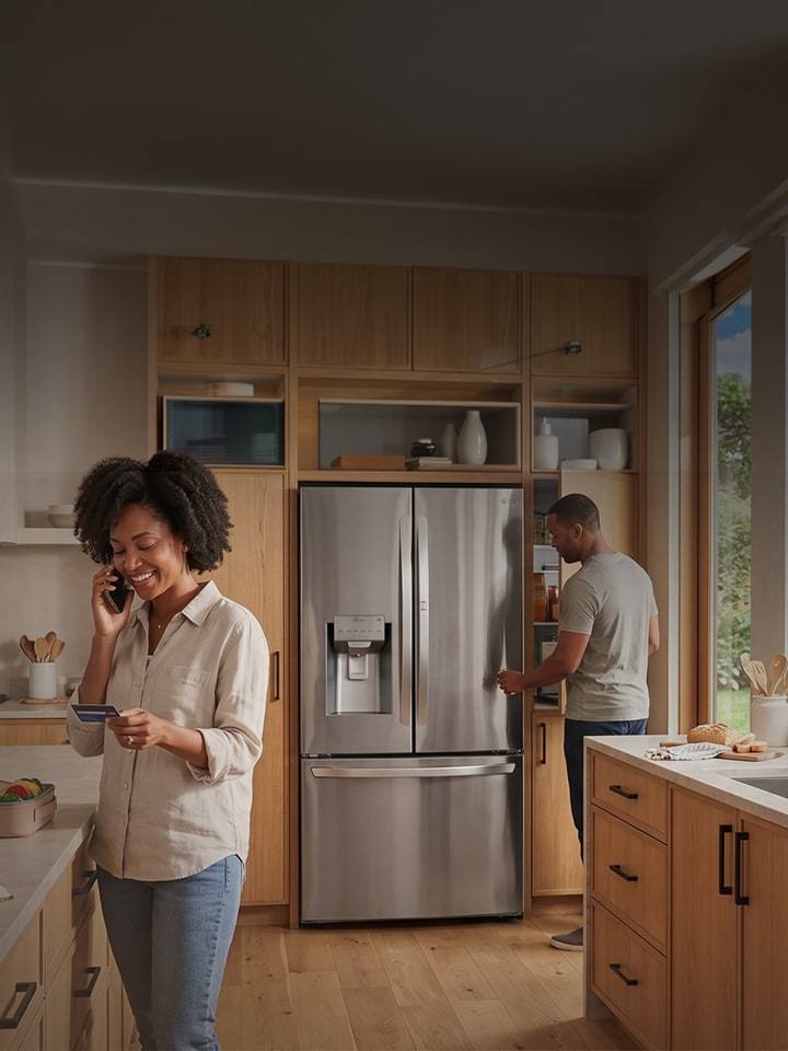 People in a modern kitchen shopping online with an LG refrigerator and dishwasher in the background.