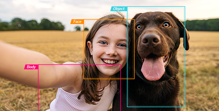 A girl taking a selfie with a dog in the field, with the face, body, and object area selected.