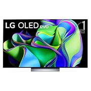 Front view with LG OLED evo and 10 Years World No.1 OLED Emblem on screen, as well as the Soundbar below. 