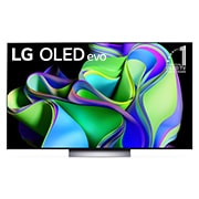 Front view with LG OLED evo and 10 Years World No.1 OLED Emblem on screen, as well as the Soundbar below. 
