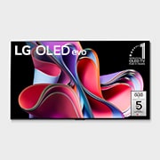 Front view with LG OLED evo, 10 Years World No.1 OLED Emblem, and 5-Year Panel Warranty logo on screen