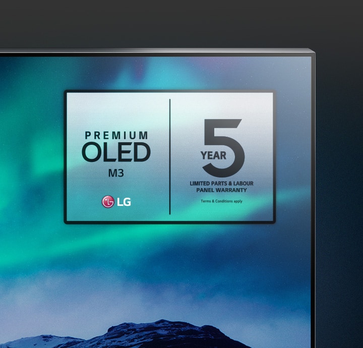 An image of the Northern Lights is displayed on an LG OLED TV. The top corner of the TV is shown against a black background, where a sky-like gradiation continues. The 5-year panel warranty logo is also displayed on the TV screen.