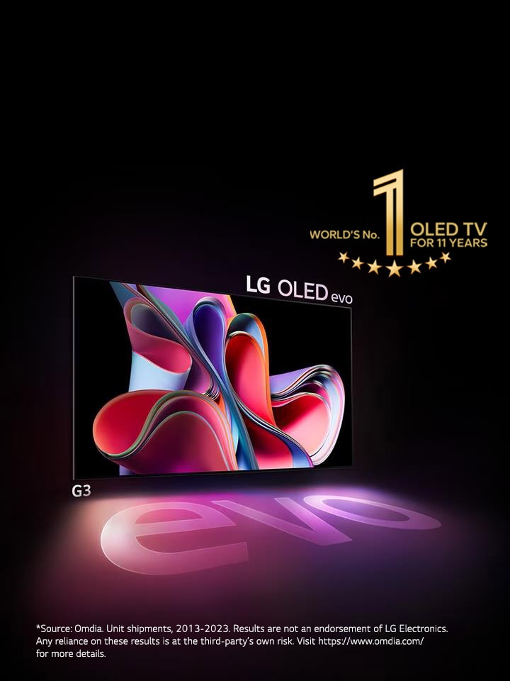 An image of LG OLED G3 against a black backdrop showing a bright pink and purple abstract artwork. The display casts a colorful shadow that features the word "evo." The "10 Years World's No.1 OLED TV" emblem is in the top left corner of the image. *Source: Omdia. Unit shipments, 2013-2022. Results are not an endorsement of LG Electronics. Any reliance on these results is at the third-party’s own risk. Visit https://www.omdia.com/ for more details.
