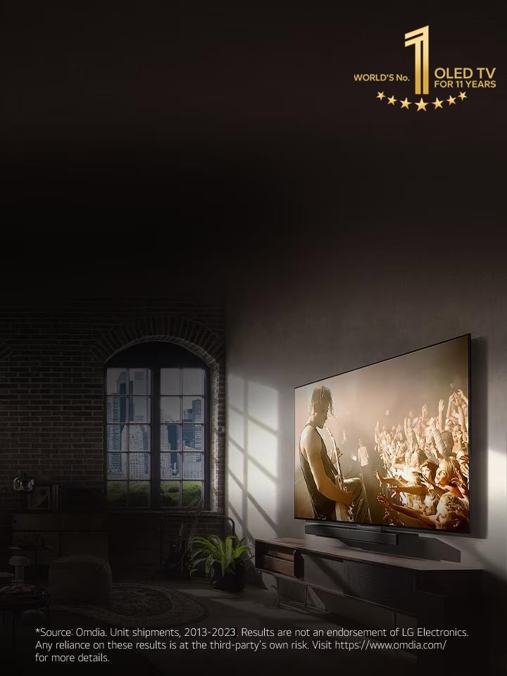 An image of LG OLED C3 and a Soundbar on the wall of a city apartment with a music concert playing on screen. The "10 Years World's No.1 OLED TV" logo is also in the image. 