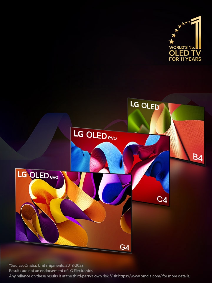 LG OLED evo TV C4, evo G4, and B4 standing in a line against a black backdrop with subtle swirls of color. The "World's number 1 OLED TV for 11 Years" emblem is in the image.  A disclaimer reads: "Source: Omdia. Unit shipments, 2013 to 2023. Results are not an endorsement of LG Electronics. Any reliance on these results is at the third party’s own risk. Visit https://www.omdia.com/ for more details."