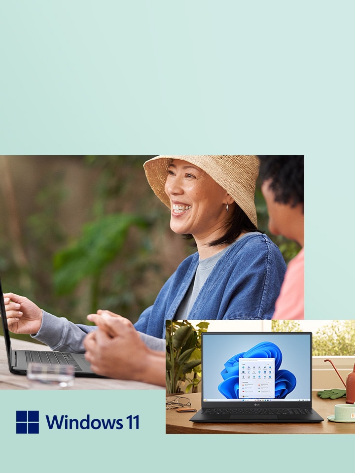 LG gram with Windows 11. There are two women in front of an LG gram.