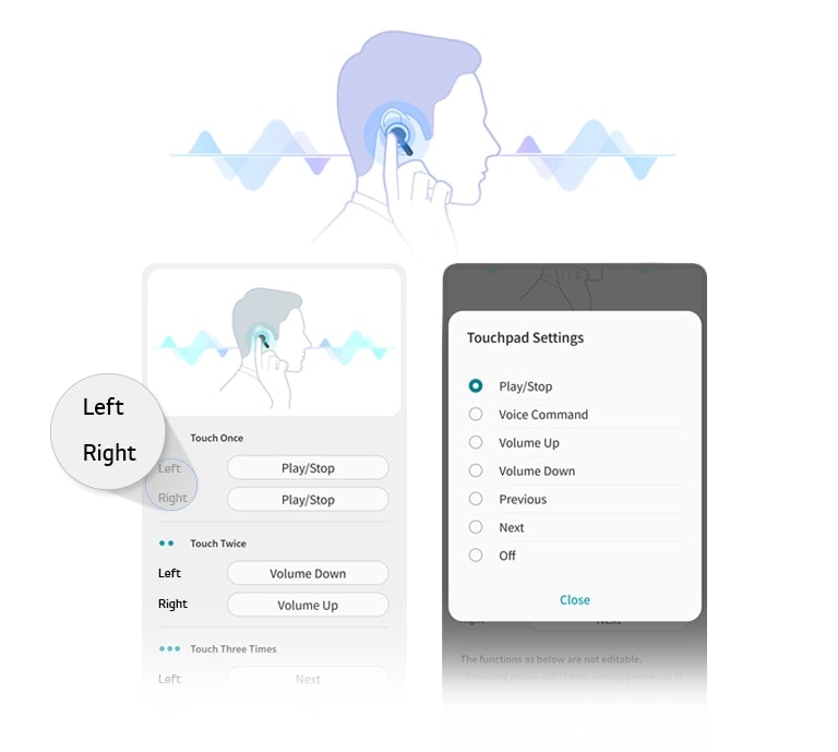 Illustration of the side view of a man touching the earbuds in his ear. App UI screens show that people can adjust the touchpad setting for left and right earbuds.