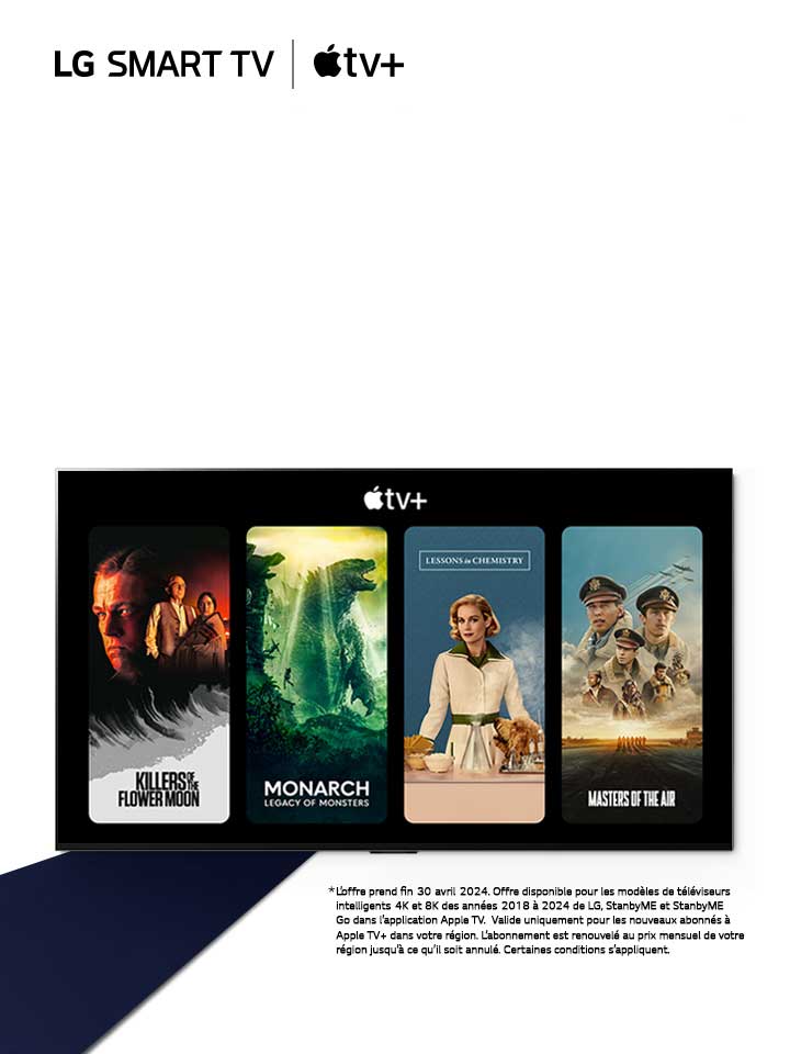 Une image d’un téléviseur OLED de LG. Le contenu d’Apple TV+ est affiché à l’écran et le titre est « Recevez trois mois d’Apple TV+ gratuits avec les téléviseurs intelligents de LG ».