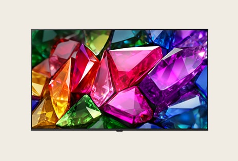 La vue frontale du LG QNED evo Mini LED remplit l’écran d’éclatements fluides et vifs de mouvements multicolores, semblables à de la peinture, alors que des nuages denses de couleurs se fondent harmonieusement sur l’écran.