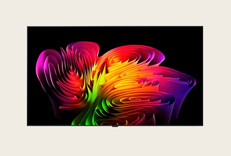 La vue de face de la télévision LG True Wireless présente son design de papier peint mince et mince, tandis qu’une composition abstraite dynamique de dégradés de couleur ondulés en multicolores vifs s’écoule parfaitement à travers l’écran.