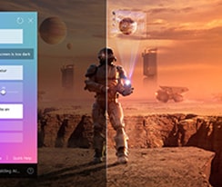 Des contenus de science-fiction sont diffusés sur l’écran d’un LG QNED TV. Sur l’écran se trouve l’interface AI Chatbot. L’utilisateur a envoyé un message à la fonction AI Chatbot indiquant que l’écran est trop sombre. La fonction AI Chabot a proposé des solutions en réponse à la demande. Toute la scène est aussi coupée en deux. D’un côté, l’écran est plus sombre, tandis que de l’autre, il est plus lumineux, illustrant comment la fonction AI Chatbot a automatiquement résolu le problème pour l’utilisateur.