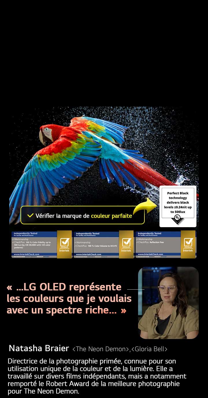 Perroquet coloré en ultra-haute définition sur fond noir. Des gouttes d’eau sont suspendues dans l’air tout autour. L’image traduit la perfection des couleurs, car chaque teinte du corps du perroquet est vibrante et éclatante. L’arrière-plan sombre accompagné d’éclaboussures d’eau détaillées met également en évidence l’absence de reflets sur l’écran. Différents logos de certification UL et Intertek sont visibles. Il s’agit de la fidélité des couleurs à 100 %, du volume des couleurs à 100 % et de l’absence de reflet. Le texte est également visible, vérifiez la marque de certification Perfect Color.
