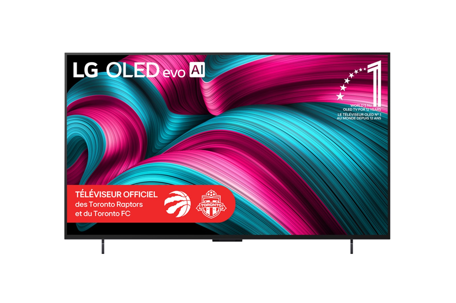 Vue avant du téléviseur Smart TV LG OLED evo AI C5 4K. L’emblème OLED 12 ans numéro 1 mondial et le logo LG OLED evo AI 2025 apparaissent sur l’écran.