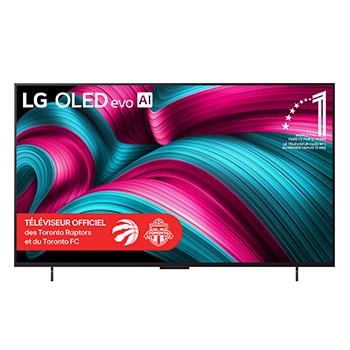 Vue avant du téléviseur Smart TV LG OLED evo AI C5 4K. L’emblème OLED 12 ans numéro 1 mondial et le logo LG OLED evo AI 2025 apparaissent sur l’écran.