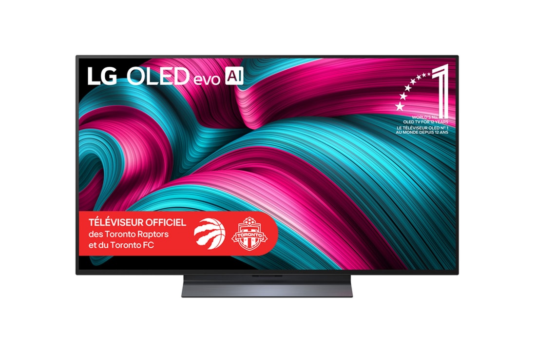 Vue avant du téléviseur Smart TV LG OLED evo AI C5 4K. L’emblème OLED 12 ans numéro 1 mondial et le logo LG OLED evo AI 2025 apparaissent sur l’écran.