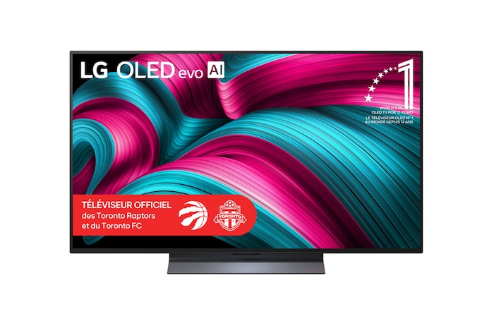 Vue avant du téléviseur Smart TV LG OLED evo AI C5 4K. L’emblème OLED 12 ans numéro 1 mondial et le logo LG OLED evo AI 2025 apparaissent sur l’écran.