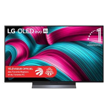 Vue avant du téléviseur Smart TV LG OLED evo AI C5 4K. L’emblème OLED 12 ans numéro 1 mondial et le logo LG OLED evo AI 2025 apparaissent sur l’écran.