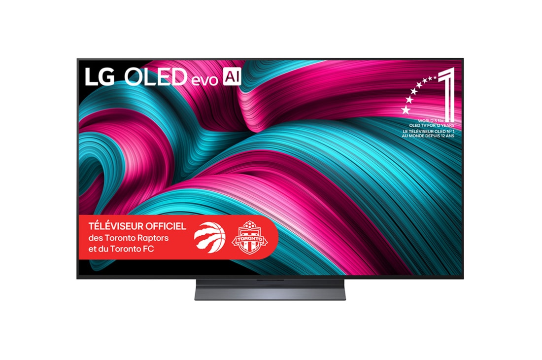 Vue avant du téléviseur Smart TV LG OLED evo AI C5 4K. L’emblème OLED 12 ans numéro 1 mondial et le logo LG OLED evo AI 2025 apparaissent sur l’écran.