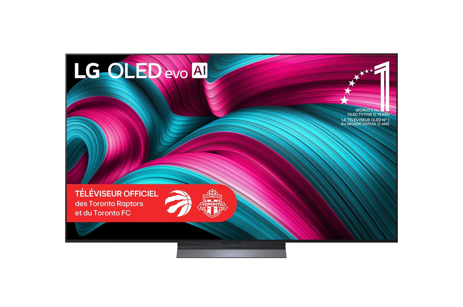 Vue avant du téléviseur Smart TV LG OLED evo AI C5 4K. L’emblème OLED 12 ans numéro 1 mondial et le logo LG OLED evo AI 2025 apparaissent sur l’écran.