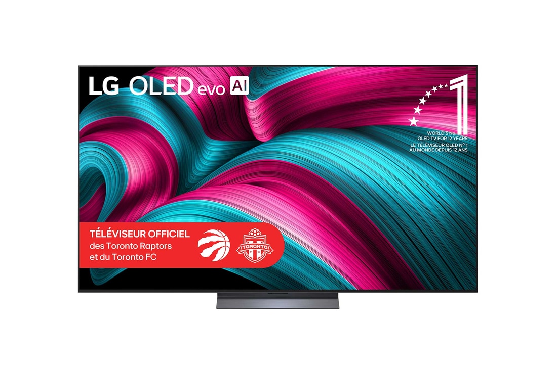 Vue avant du téléviseur Smart TV LG OLED evo AI C5 4K. L’emblème OLED 12 ans numéro 1 mondial et le logo LG OLED evo AI 2025 apparaissent sur l’écran.
