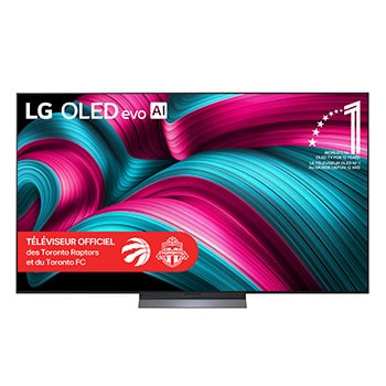 Vue avant du téléviseur Smart TV LG OLED evo AI C5 4K. L’emblème OLED 12 ans numéro 1 mondial et le logo LG OLED evo AI 2025 apparaissent sur l’écran.