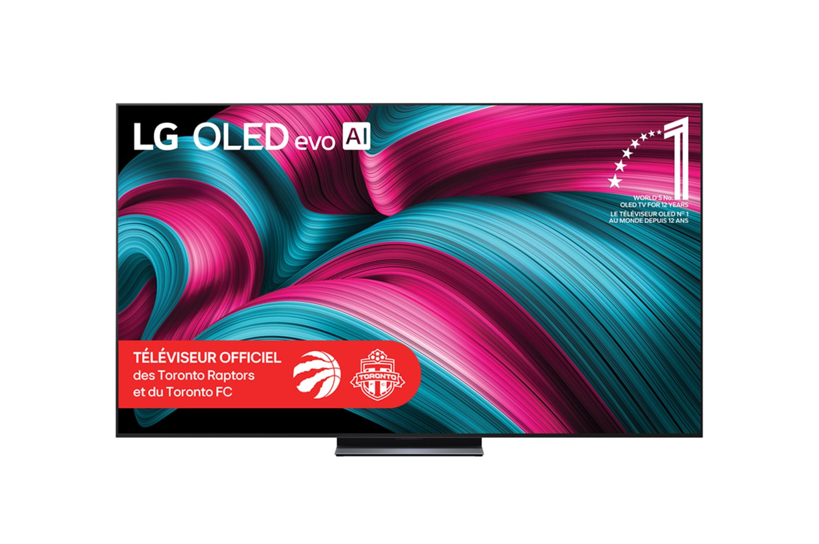 Vue avant du téléviseur Smart TV LG OLED evo IA C5 4K. L’emblème OLED 12 ans numéro 1 mondial et le logo LG OLED evo IA 2025 apparaissent sur l’écran.