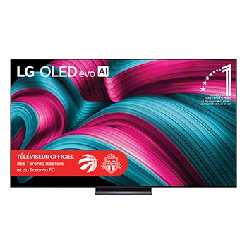 Vue avant du téléviseur Smart TV LG OLED evo IA C5 4K. L’emblème OLED 12 ans numéro 1 mondial et le logo LG OLED evo IA 2025 apparaissent sur l’écran.