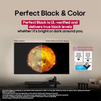 LG OLED TV présentant une comparaison visuelle entre un écran doté des technologies Couleur parfaite et Noirs parfaits et un écran qui n’en est pas équipé. Les certifications UL et eyesafe sont visibles, accompagnées d’un texte invitant à vérifier les marques.