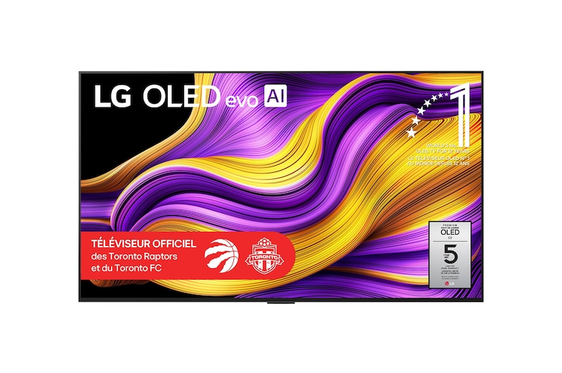 Vue avant du téléviseur Smart TV LG OLED evo AI G5 4K. L’emblème OLED 12 ans numéro 1 mondial et le logo LG OLED evo AI 2025 apparaissent sur l’écran.