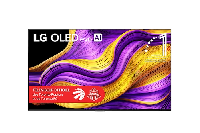 Vue avant du téléviseur Smart TV LG OLED evo AI G5 4K. L’emblème OLED 12 ans numéro 1 mondial et le logo LG OLED evo AI 2025 apparaissent sur l’écran.