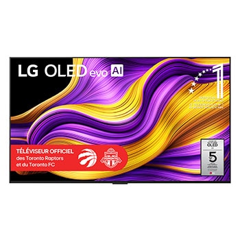 Vue avant du téléviseur Smart TV LG OLED evo AI G5 4K. L’emblème OLED 12 ans numéro 1 mondial et le logo LG OLED evo AI 2025 apparaissent sur l’écran.