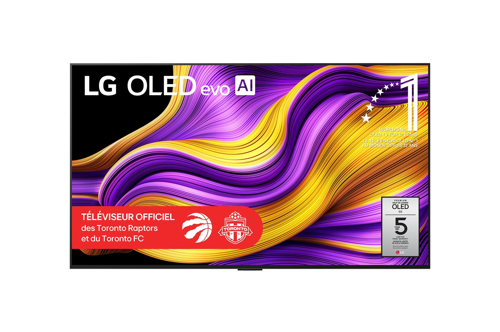 Vue avant du téléviseur Smart TV LG OLED evo AI G5 4K. L’emblème OLED 12 ans numéro 1 mondial et le logo LG OLED evo IA 2025 apparaissent sur l’écran.